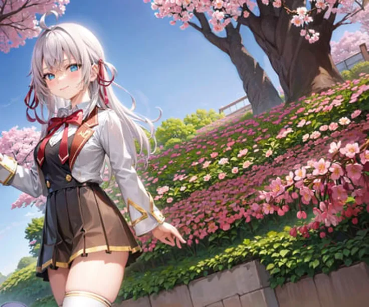 <lora:Alisa Mikhailovna KujouV1:1>, masterpiece, highres, highest quallity, illustration, cinematic light, ultra detailed, detailed face, (((detailed eyes))), best quality, hyper detailed, masterpiece, (detailed face), Alisa Kujou, 1girl, solo, (solo focus), long hair, blue eyes, shirt, bow, ribbon, school uniform,white jacket, hair ribbon, (white hair), solo focus, bowtie, look at viewer, red bow, red ribbon, red bowtie, (schoolUniform), (smile), white thighhighs, sakura tree, ((cherry blossoms)), petals