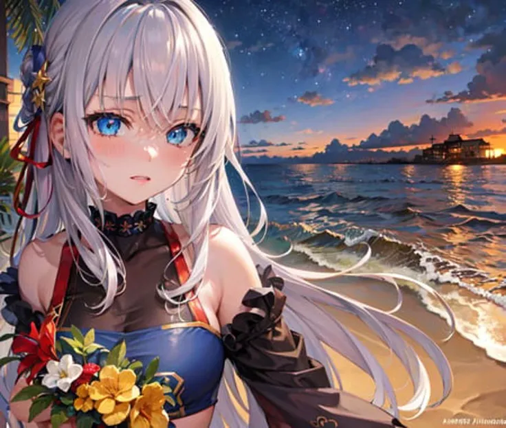 <lora:Alisa Mikhailovna KujouV1:0.7>, masterpiece, highres, highest quallity, illustration, cinematic light, ultra detailed, detailed face, (((detailed eyes))), best quality, hyper detailed, masterpiece, (detailed face), Alisa Kujou, 1girl, solo, solo focus, long hair, blue eyes, swinsuit, ((bikini)), (beach), wet