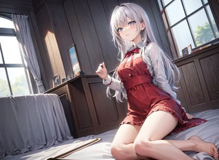 <lora:Alisa Mikhailovna KujouV1:0.6>, masterpiece, highres, highest quallity, illustration, cinematic light, ultra detailed, detailed face,  detailed eyes, best quality, hyper detailed, masterpiece, detailed face, Alisa Kujou, 1girl, solo, (solo focus), long hair, blue eyes, white hair, red ribbon hair, ((sleepwear)), bedroom, window, pajamas, sleepy, indoor, full body