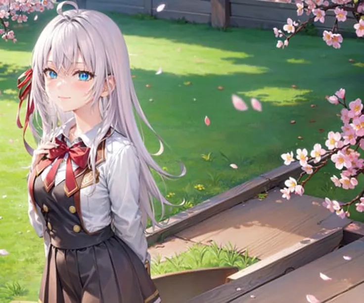 <lora:Alisa Mikhailovna KujouV1:1>, masterpiece, highres, highest quallity, illustration, cinematic light, ultra detailed, detailed face, (((detailed eyes))), best quality, hyper detailed, masterpiece, (detailed face), Alisa Kujou, 1girl, solo, (solo focus), long hair, blue eyes, shirt, bow, ribbon, school uniform,white jacket, hair ribbon, (white hair), solo focus, bowtie, look at viewer, red bow, red ribbon, red bowtie, (schoolUniform), (smile), white thighhighs, sakura tree, ((cherry blossoms)), petals