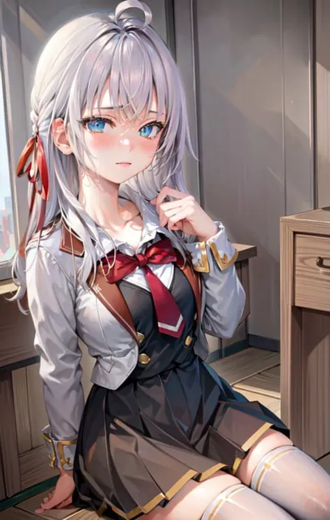 <lora:Alisa Mikhailovna KujouV1:1>, masterpiece, highres, highest quallity, illustration, cinematic light, ultra detailed, detailed face, (((detailed eyes))), best quality, hyper detailed, masterpiece, (detailed face), Alisa Kujou, 1girl, long hair, blue eyes, shirt, bow, ribbon, school uniform, jacket, hair ribbon, (white hair), solo focus, bowtie, look at viewer, red bow, red ribbon, red bowtie,skirt, white thighhighs, ((schoolUniform)), classroom