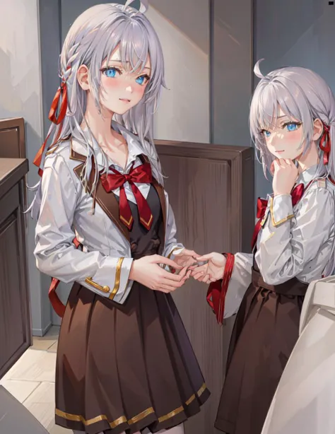 <lora:Alisa Mikhailovna KujouV1:1>, masterpiece, highres, highest quallity, illustration, cinematic light, ultra detailed, detailed face, (((detailed eyes))), best quality, hyper detailed, masterpiece, (detailed face), Alisa Kujou, 1girl, solo, solo focus, long hair, blue eyes, shirt, bow, ribbon, school uniform,white jacket, hair ribbon, (white hair), solo focus, bowtie, look at viewer, red bow, red ribbon, red bowtie, skirt, (schoolUniform), white thighthighs, (smile), blush, (cowboy shot)