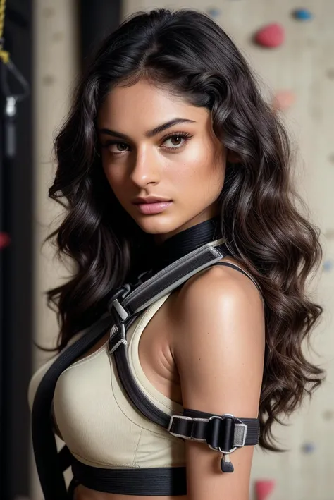 beautiful woman (EPT4v1G4ndh1:.99), perfect hair, jewellery, ((portrait)), (closeup:1.2), ((from the waist up)), ((( Traditional dojo transformed into a martial arts training center :1.2 ))), natural skin texture, (( Climbing harness, Climbing shoes, chalk bag, belay device :1.2)), 24mm, 4k textures, soft cinematic light, adobe lightroom, photolab, hdr, intricate, elegant, highly detailed, sharp focus, ((((cinematic look)))), soothing tones, insane details, intricate details, hyperdetailed, low contrast, soft cinematic light, exposure blend, hdr, faded, now, ("I've got a bad feeling about this.":1.1)