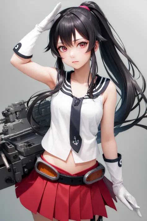 (masterpiece, best quality:1.2), <lyco:kancolle_yahagi-10:1.0>, cowboy shot, solo, 1girl, yahagi, expressionless, closed mouth, looking at viewer, salute, ponytail, school uniform, serafuku, sleeveless, necktie, red skirt, single thighhigh, white gloves, midriff