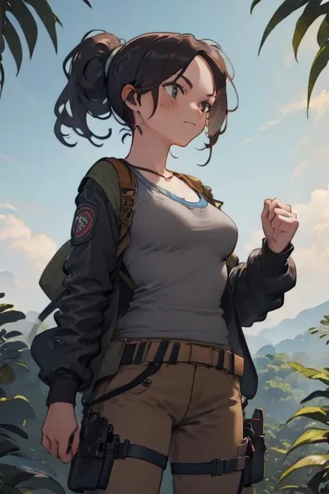 <lora:LaraCroft:1> 1girl, woman, Lara, brown hair, short ponytail, cowboy shot, medium breasts, holster, jungle, facing viewer, <lora:GoodHands-vanilla:1> nice hands  <lora:NijiExpressV2:0.4>