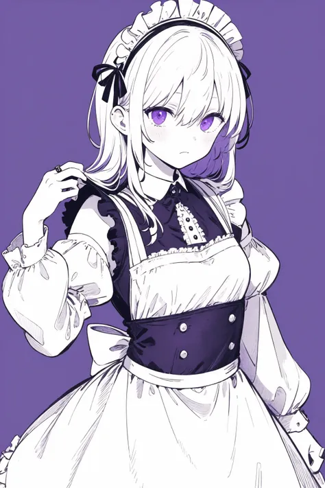 masterpiece, best quality, 1girl, solo, long_hair, looking_at_viewer, bangs, simple_background, long_sleeves, dress, hair_between_eyes, jewelry, closed_mouth, upper_body, white_hair, frills, puffy_sleeves, fingernails, maid, maid_headdress, ring, black_nails, purple_background, monochrome, purple theme