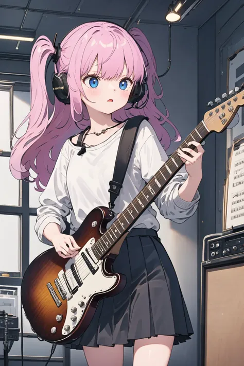 ((masterpiece,best quality))1girl, solo, black skirt, blue eyes, electric guitar, guitar, headphones, holding, holding plectrum, instrument, long hair, , music, one side up, pink hair, playing guiter, pleated skirt, black shirt, indoors