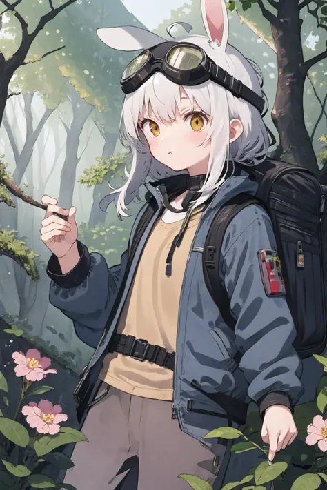 (best-quality:0.8), perfect anime illustration, 1girl, solo, long white hair, cyborg, (bunny ears, goggles on head, blue jacket, wearing a small backpack, hiking through a forest), mecha, automaton, creature, plant sprout, blossoms, raindrops, spring, magic, (close up), advntr