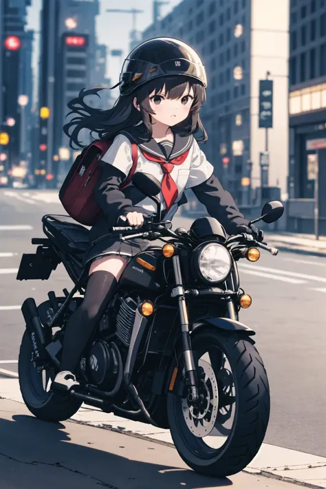 masterpiece, best quality, 1girl, solo, jacket, hand in pocket, school uniform, serafuku, thighhighs, school bag, black hair, black eyes, cyberpunk, street, machinery, motor vehicle, motorcycle, panorama, helmet, speed line, motion blur, depth of field, perspective, panorama, riding, floating hair, night, neon trim