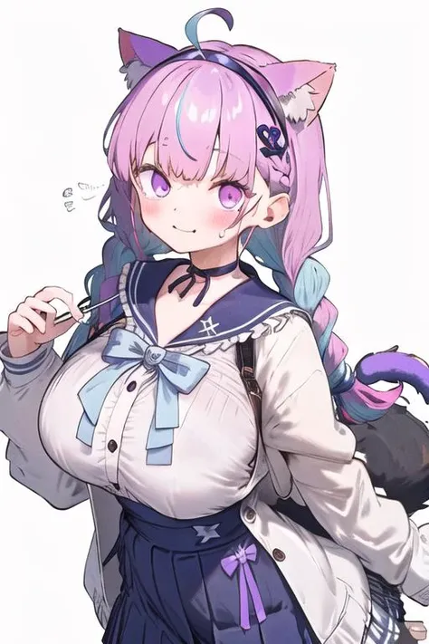 (extremely detailed CG unity 8k wallpaper,masterpiece, best quality, ultra-detailed, beautiful detailed eyes),(best illumination, best shadow, an extremely delicate and beautiful, bloom), nsfw, masterpiece, best quality, highres, sidelighting, 1girl, minato aqua, virtual youtuber, tail, animal ears, cat ears, long hair, purple eyes, braid, ahoge, cat tail, skirt, multicolored hair, twin braids, blue hair, two-tone hair, hairband, tail ornament, tail ribbon, pink hair, anchor hair ornament, ribbon, sailor collar, school uniform, pleated skirt, bow, cat girl, twintails, large breasts, bangs, <lora:minatoAquaNekomimiVer_v1:0.5>