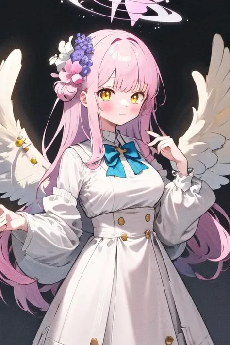 masterpiece, best quality, highres, sidelighting, 1girl, mika, halo, wings, bangs, yellow eyes, pink hair, long hair, hair flower, hair ornament, medium breasts, white dress, scrunchie, blue bowtie ,<lora:misonoMikaBlueArchive_v10:0.5>