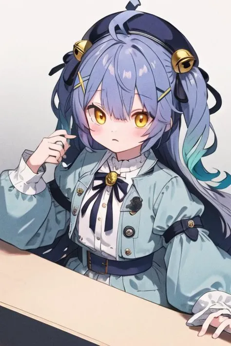 (extremely detailed CG unity 8k wallpaper,masterpiece, best quality, ultra-detailed, beautiful detailed eyes),(best illumination, best shadow, an extremely delicate and beautiful, bloom), amamya,blue very long hair,yellow eyes,hair bell,hat,x hair ornament,black beret,grey jacket,ahoge,long sleeves,two side up,puffy sleeves,blue jacket,juliet sleeves,multicolored gradient hair <lora:amamiyaKokoro_v10:0.5>
