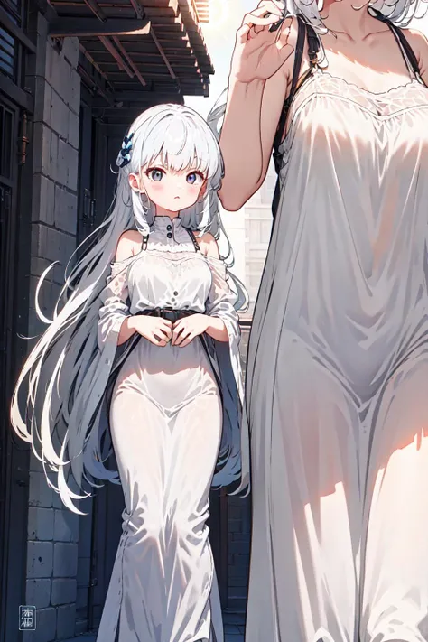 best quality, sunshine, detailed background,extremely detailed,body ratio, girl, cute,white hair,