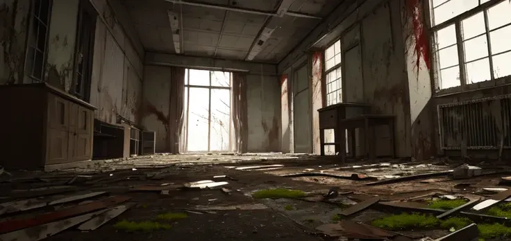 (masterpiece, best quality:1.3), (horror \(theme\):1.2), (abandoned hospital, moss, blood splatter, bloodstain, indoors), dust cloud, beds, wide shot, dynamic angle,