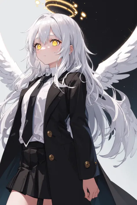 (masterpiece, best quality:1.3), (ultra-detailed:1.3), 1girl, solo, (white hair, messy hair, long hair), (angel wings, angel halo), flat chest, yellow eyes, (white shirt, black necktie, black coat, open coat), cowboy shot, cinematic lighting, (((glowing light particles))), (arms behind back), dynamic angle,