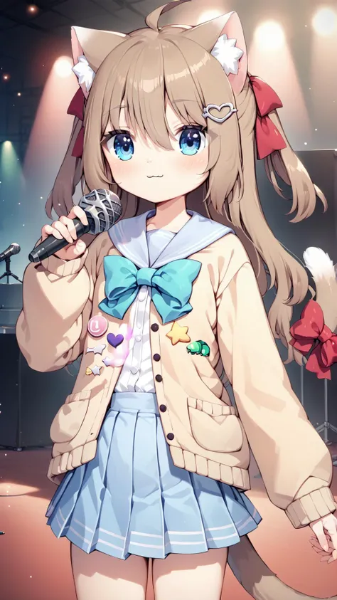 <lora:Neuro-Sama_for_PonyXL:1>,neuro_outfit,solo,shirt,closed mouth,heart,cat girl,sleeves past wrists,:3,looking at viewer,blush,very long hair,puffy long sleeves,smile,puffy sleeves,hand up,outdoors,score_9,score_8_up,score_7_up,score_6_up,score_5_up,score_4_up,microphone,singing,concert,stage,stage lights,