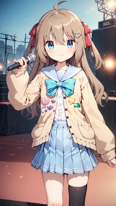 <lora:Neuro-Sama_for_PonyXL:1>,neuro_outfit,solo,shirt,heart,sleeves past wrists,looking at viewer,blush,very long hair,puffy long sleeves,smile,puffy sleeves,hand up,outdoors,score_9,score_8_up,score_7_up,score_6_up,score_5_up,score_4_up,microphone,singing,concert,stage,stage lights,