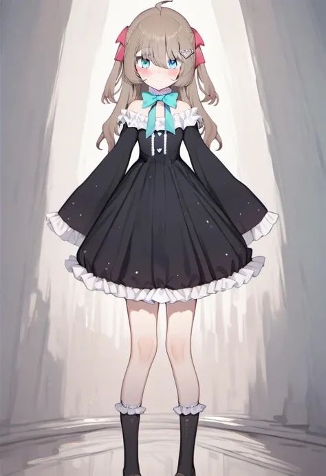 <lora:Neuro-Sama_for_PonyXL:1>, neuro_dress, solo, blush, standing, closed mouth, looking at viewer, kneehighs, frilled socks, feet out of frame, score_9, score_8_up, score_7_up, score_6_up, score_5_up, score_4_up