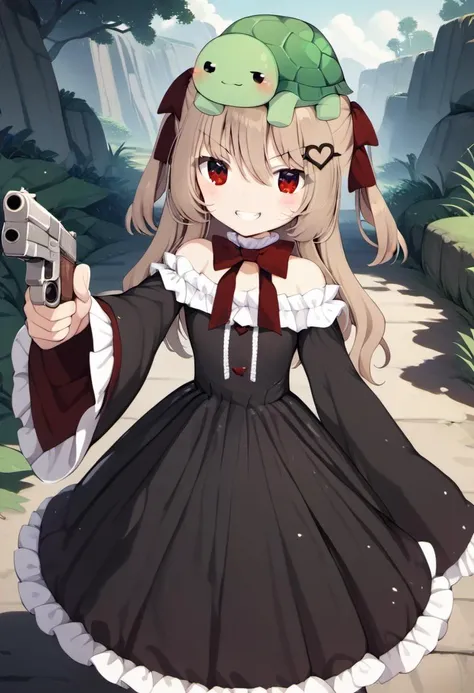 <lora:Neuro-Sama_for_PonyXL:1>, evil_dress, solo, looking at viewer, animal on head, on head, smile, turtle, day, grin, outdoors, gun, handgun, holding, holding gun, holding weapon, v-shaped eyebrows, weapon, wide sleeves, pointing, pointing at viewer, score_9, score_8_up, score_7_up, score_6_up, score_5_up, score_4_up