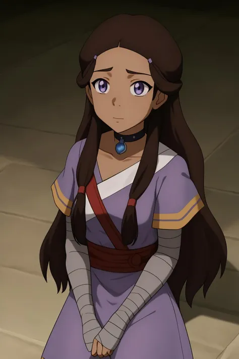 katara, 1girl, solo, breasts, small_breasts, long_hair, looking_at_viewer, blue_eyes, brown_hair, black_hair, hair_ornament, gloves, dress, closed_mouth, collarbone, short_sleeves, choker, hairclip, dark_skin, fingerless_gloves, collar, dark-skinned_female, grey_eyes, shadow, bandages, own_hands_together, purple_dress, v_arms, bandaged_arm