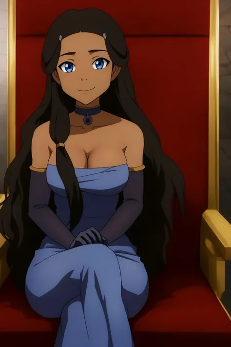 katara, solo, long_hair, breasts, looking_at_viewer, smile, black_hair, large_breasts, gloves, dress, cleavage, dark_skin, flat_chest, dark-skinned_female, bare_shoulders, sitting, very_long_hair, blue_eyes, collarbone, choker, elbow_gloves, crossed_legs, blue_dress, throne