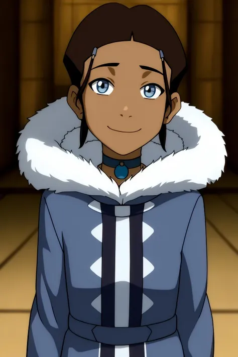 katara, catoon_style, 1girl, solo, looking_at_viewer, smile, short_hair, bangs, blue_eyes, brown_hair, black_hair, closed_mouth, upper_body, choker, dark_skin, blunt_bangs, blurry, dark-skinned_female, coat, fur_trim, blurry_background, parody, very_short_hair, blue_coat, very_dark_skin