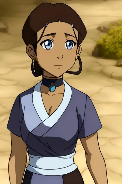 katara, 1girl, solo, looking_at_viewer, short_hair, black_dress, blue_eyes, medium_breasts, brown_hair, cleavage, hair_ornament, jewelry, collarbone, earrings, choker, dark_skin, dark-skinned_female, parody, very_short_hair