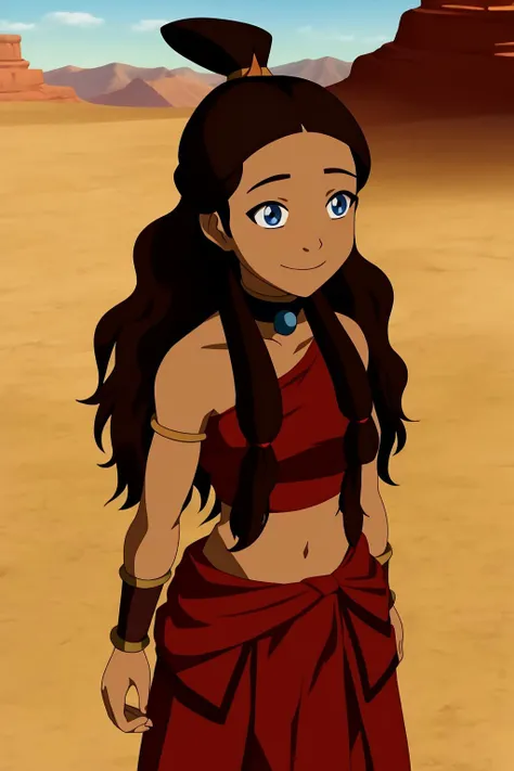 katara, catoon_style, 1girl, solo, long_hair, breasts, smile, small_breasts, blue_eyes, skirt, brown_hair, black_hair, navel, bare_shoulders, jewelry, outdoors, sky, choker, day, midriff, dark_skin, bracelet, dark-skinned_female, crop_top, red_skirt, parody, hair_tubes, own_hands_together, armlet, half_updo, mountain, neck_ring, topknot, desert