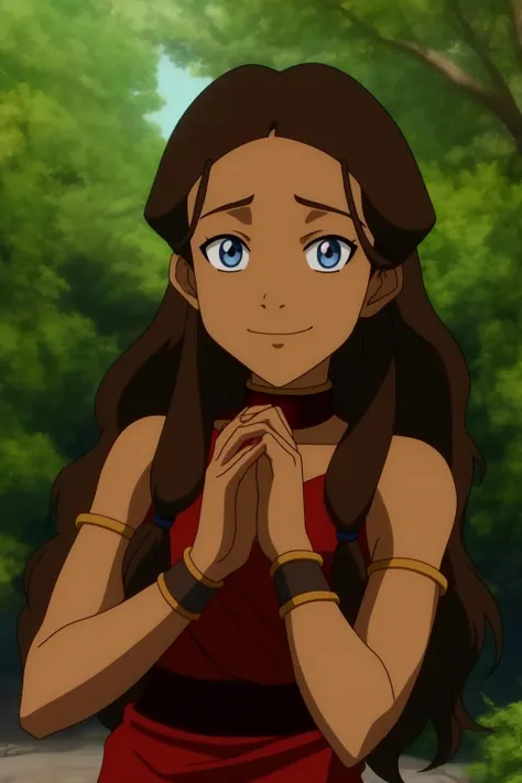 katara, catoon_style, 1girl, solo, long_hair, looking_at_viewer, smile, blue_eyes, brown_hair, black_hair, bare_shoulders, closed_mouth, upper_body, choker, day, nature, dark_skin, collar, dark-skinned_female, parody, own_hands_together, armband, close-up, armlet, style_parody, own_hands_clasped, official_style, anime_coloring