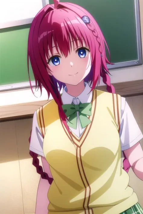 meakurosaki, <lyco:mea kurosaki darkness-lyco-nochekaiser:1>,
mea kurosaki, ahoge, blue eyes, braid, hair intakes, hair ornament, long hair, red hair, hair braid, smile,
BREAK green skirt, plaid, plaid skirt, sainan high school uniform, school uniform, skirt, shirt, white shirt, sweater vest, (yellow sweater vest:1.5),
BREAK indoors, classroom,
BREAK looking at viewer, (cowboy shot:1.5),
BREAK <lyco:GoodHands-beta2:1>, (masterpiece:1.2), best quality, high resolution, unity 8k wallpaper, (illustration:0.8), (beautiful detailed eyes:1.6), extremely detailed face, perfect lighting, extremely detailed CG, (perfect hands, perfect anatomy),
