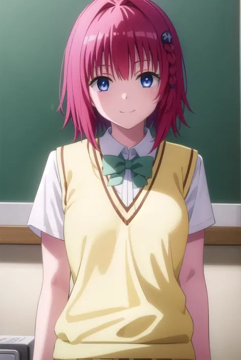 meakurosaki, <lyco:mea kurosaki darkness-lyco-nochekaiser:1>,
mea kurosaki, ahoge, blue eyes, braid, hair intakes, hair ornament, long hair, red hair, hair braid, smile,
BREAK green skirt, plaid, plaid skirt, sainan high school uniform, school uniform, skirt, shirt, white shirt, sweater vest, (yellow sweater vest:1.5),
BREAK indoors, classroom,
BREAK looking at viewer, (cowboy shot:1.5),
BREAK <lyco:GoodHands-beta2:1>, (masterpiece:1.2), best quality, high resolution, unity 8k wallpaper, (illustration:0.8), (beautiful detailed eyes:1.6), extremely detailed face, perfect lighting, extremely detailed CG, (perfect hands, perfect anatomy),