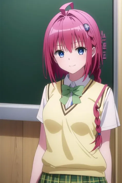 meakurosaki, <lyco:mea kurosaki darkness-lyco-nochekaiser:1>,
mea kurosaki, ahoge, blue eyes, braid, hair intakes, hair ornament, long hair, red hair, hair braid, smile,
BREAK green skirt, plaid, plaid skirt, sainan high school uniform, school uniform, skirt, shirt, white shirt, sweater vest, (yellow sweater vest:1.5),
BREAK indoors, classroom,
BREAK looking at viewer, (cowboy shot:1.5),
BREAK <lyco:GoodHands-beta2:1>, (masterpiece:1.2), best quality, high resolution, unity 8k wallpaper, (illustration:0.8), (beautiful detailed eyes:1.6), extremely detailed face, perfect lighting, extremely detailed CG, (perfect hands, perfect anatomy),