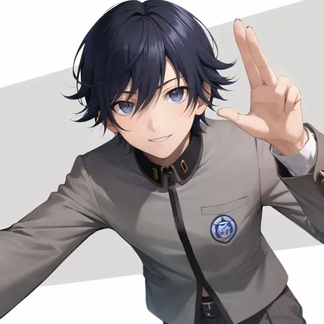 1boy, (solo), looking at viewer, solo focus, smile, school uniform, naoya, grey pants,  <lora:NaoyaV3:1>