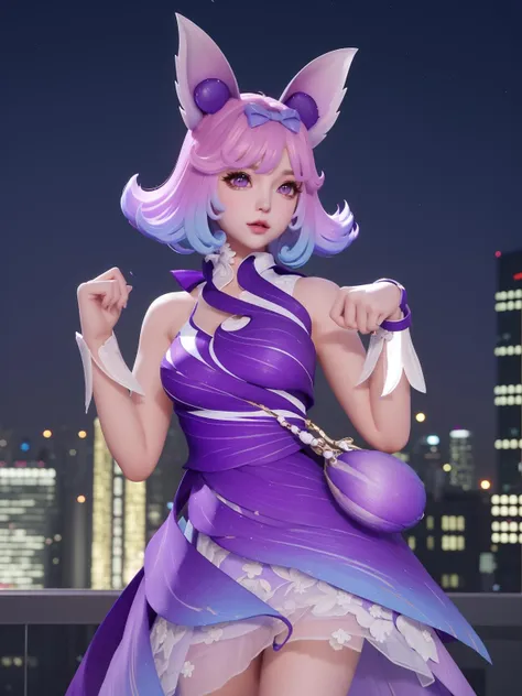WZRYdajiZLLZS, 1girl, solo, pink hair,purple dress, multicolored hair, short hair, animal ears, pink eyes, gradient hair,bangs,satchel, jewelry,hair bow,wrist cuffs,sleeveless,barcelet,cityscape, night, looking at viewer, mature female, <lora:WZRYdajiZLLZS:0.75>,