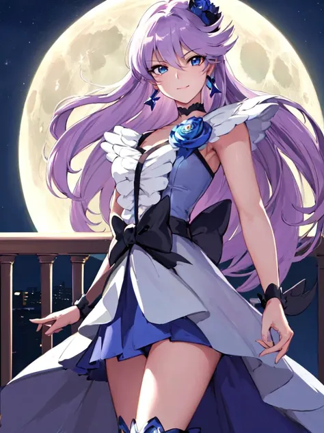 masterpiece, best quality, looking_at_viewer, depth_of_field, light smile,
1girl, <lora:locon_cure_moonlight_1:0.9>, cure moonlight, sidelocks, hair ornament, blue rose, wrist cuffs, ribbon, single elbow glove, boots, eyelashes, serious,
in night, full_moon, balcony,
