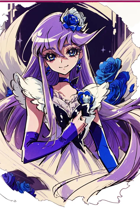 masterpiece,best quality,1girl,cure moonlight,sidelocks,hair ornament,blue rose,wrist cuffs,ribbon,long dress,(single elbow glove),eyelashes,(half-closed eyes:0.9),smile,upper body,<lora:locon_cure_moonlight_2:0.9>,<lora:KamikitaV2:0.8>,