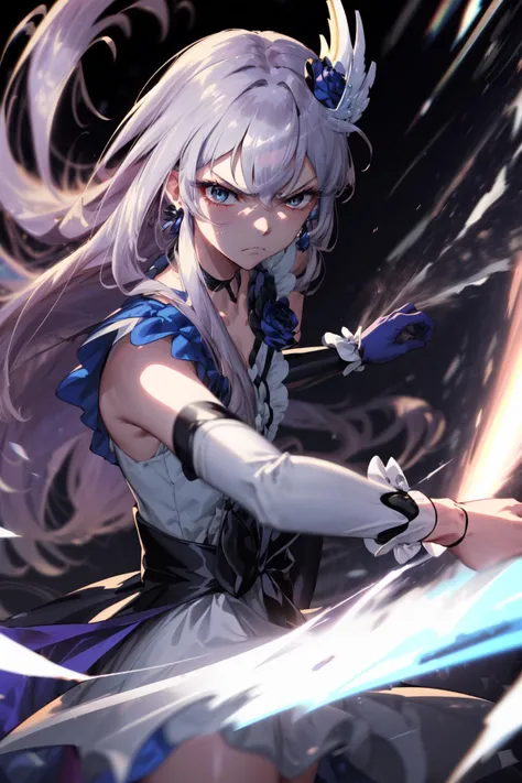 masterpiece,best quality,1girl,cure moonlight,sidelocks,hair ornament,blue rose,wrist cuffs,ribbon,long dress,(single elbow glove),eyelashes,(half-closed eyes:0.9),(serious,frown),fighting stance,action pose,attack,motion lines,motion blur,blast wave,cowboy shot,<lora:locon_cure_moonlight_2:0.9>,
