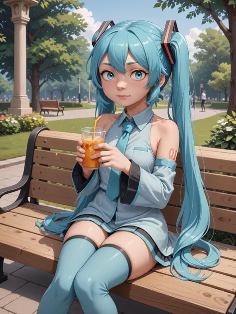 score_9, score_8_up, score_7_up
solo, 1women, hatsune miku, sitting on a park bench, detached sleeves, thighhighs, drinking a juice