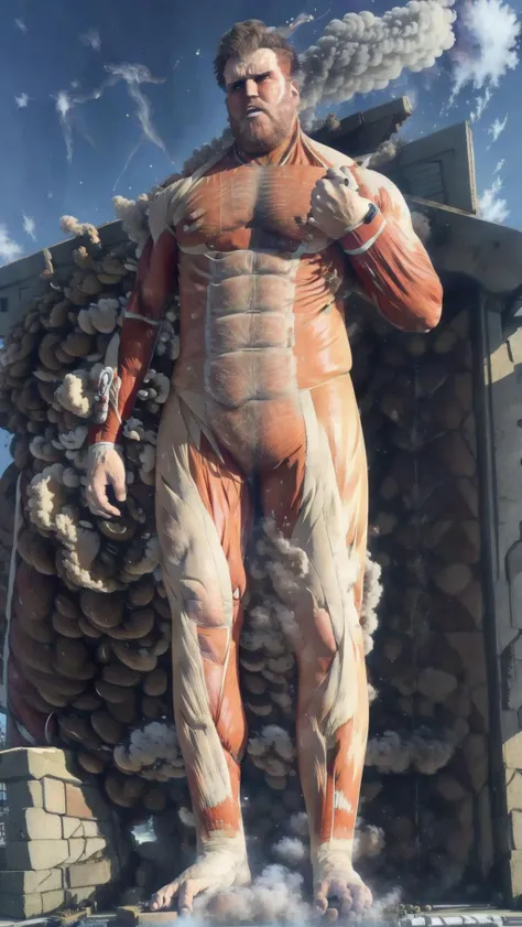 1boy, Colossal Titan, Attack on Titan, 50 Meters high, Drachenlord, Rainer Winkler Drachenlord, (((full body))), red FlamingEye, <lora:FlamingEye:0.5> <lora:colossal_titan_v0.1:1> BREAK,
anger, rage, BREAK,
(((steaming body, smoke, ))),, masterpiece, best quality, hyperrealistic, extremely detailed, highly quality, 4k, sharp focus, professional photograph, sharp focus, award winning, cinematic lighting, octane render, unreal engine, volumetrics dtx, Wallpaper,