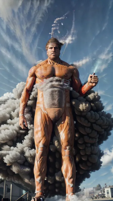 1boy, Colossal Titan, Attack on Titan, 50 Meters high, Drachenlord, Rainer Winkler Drachenlord, (((full body))), red FlamingEye, <lora:FlamingEye:0.5> <lora:colossal_titan_v0.1:1> BREAK,
anger, rage, BREAK,
(((steaming body, smoke, ))),, masterpiece, best quality, hyperrealistic, extremely detailed, highly quality, 4k, sharp focus, professional photograph, sharp focus, award winning, cinematic lighting, octane render, unreal engine, volumetrics dtx, Wallpaper,