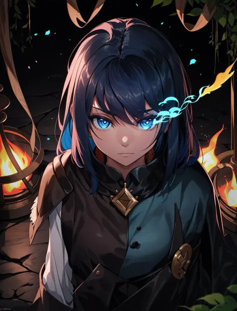 portrait, solo, upper body, detailed background, detailed face, (<lora:GasLightPunkAIv3:0.5>, GasLampFantasyAI theme:1.1), explorer, sitting at campfire, tattered leather clothes, shirt, gloves, (leather pouches:0.4), flaming torch, (abandoned:0.7) tropical jungle background, vines, mold, dust, long forgotten relics, dark cinematic atmosphere, occult,, (blue eyes, blue flaming eyes, blue trail:1.3), <lora:FlamingEye:1>