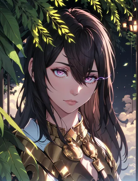 portrait, solo, half shot, looking down, detailed background, detailed face, (tropical jungle theme:1.1) middle-eastern desert warrior, moroccan armor, tribal motifs, proud stance, north-african culture, lush oasis with palm trees in background, light clouds, night sky, arid climate, cinematic atmosphere,, nsfw,, (purple eyes, flaming eyes, trail:1.3), <lora:FlamingEye:1>