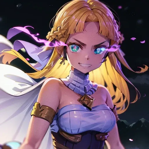 princess_zelda ,(flaming eye), blue eye, lighting cigarette, anime, octane, 8k, masterpiece, 1girl, bangs, bare_shoulders, blonde_hair, blue_dress, white gloves, cloud, mountainous horizon, long_hair, looking_at_viewer, night, night_sky, grin, petals, sky, space, starry_sky