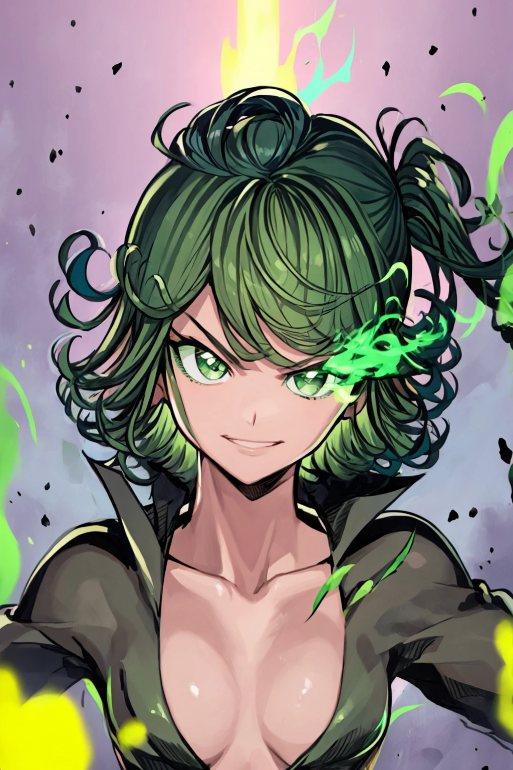 masterpiece, best quality, portrait of tatsumaki, green eyes, green flaming eye, green eye trail, flaming eye, eye trail, smug <lora:tatsumaki:0.8>