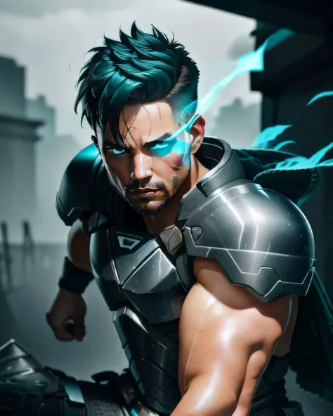 full shot, handsome man warrior in combat stance, very short hair, undercut, upper body, in the middle of a fight, detailed face, detailed eyes, best quality, 8k, digital painting, pastel colors, soft lighting, dynamic angle, orange flaming eye, pink eye trail, flaming eye, eye trail, <lora:flamingEyeConcept_flamingEye:1>