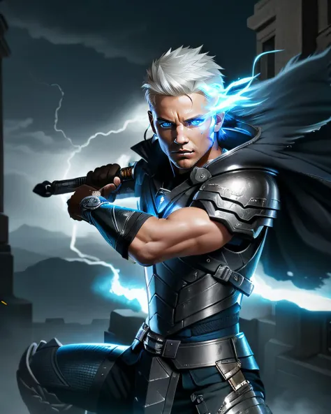 full shot, handsome man battlemage holding a sword in combat stance, very short hair, upper body, in the middle of a fight, detailed face, detailed eyes, best quality, 8k, digital painting, pastel colors, soft lighting, dynamic angle