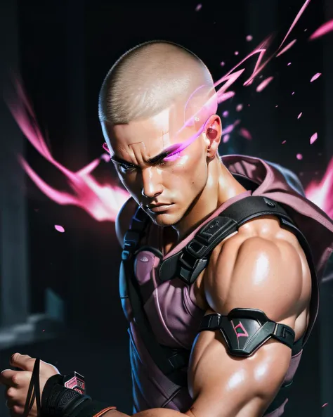 full shot, handsome man ninja in combat stance, buzzcut, upper body, in the middle of a fight, detailed face, detailed eyes, best quality, 8k, digital painting, pastel colors, soft lighting, dynamic angle