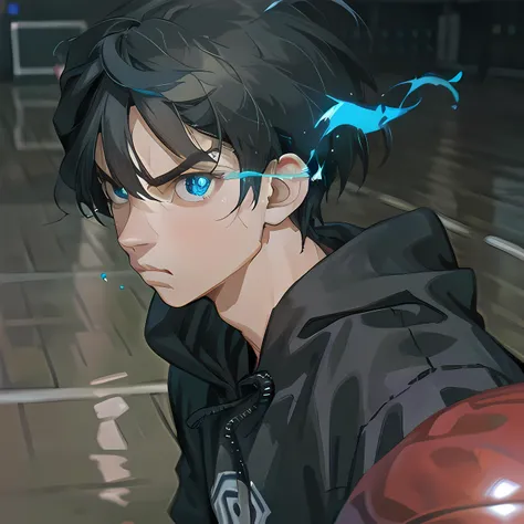 1 man, muscular, rjsan ,(blue flaming eye),Portrait, blue eye, anime, 8k, masterpiece, Black hoodie, serious, <lora:rjsan:1>, Black hair color, flaming eye, color eye trail, flaming eye, eye trail, Basketball court background, basketball <lora:FlamingEye:0.9>