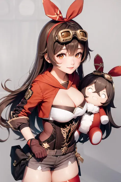 masterpiece, best quality,    <lora:amber:1>,amber \(genshin impact\),smile,doll, 1girl,goggles on head, long hair,gloves,shorts,brown hair,red thighhighs, cleavage, red ribbon, long sleeves, shrug \(clothing\), jacket,pouch,grey background,