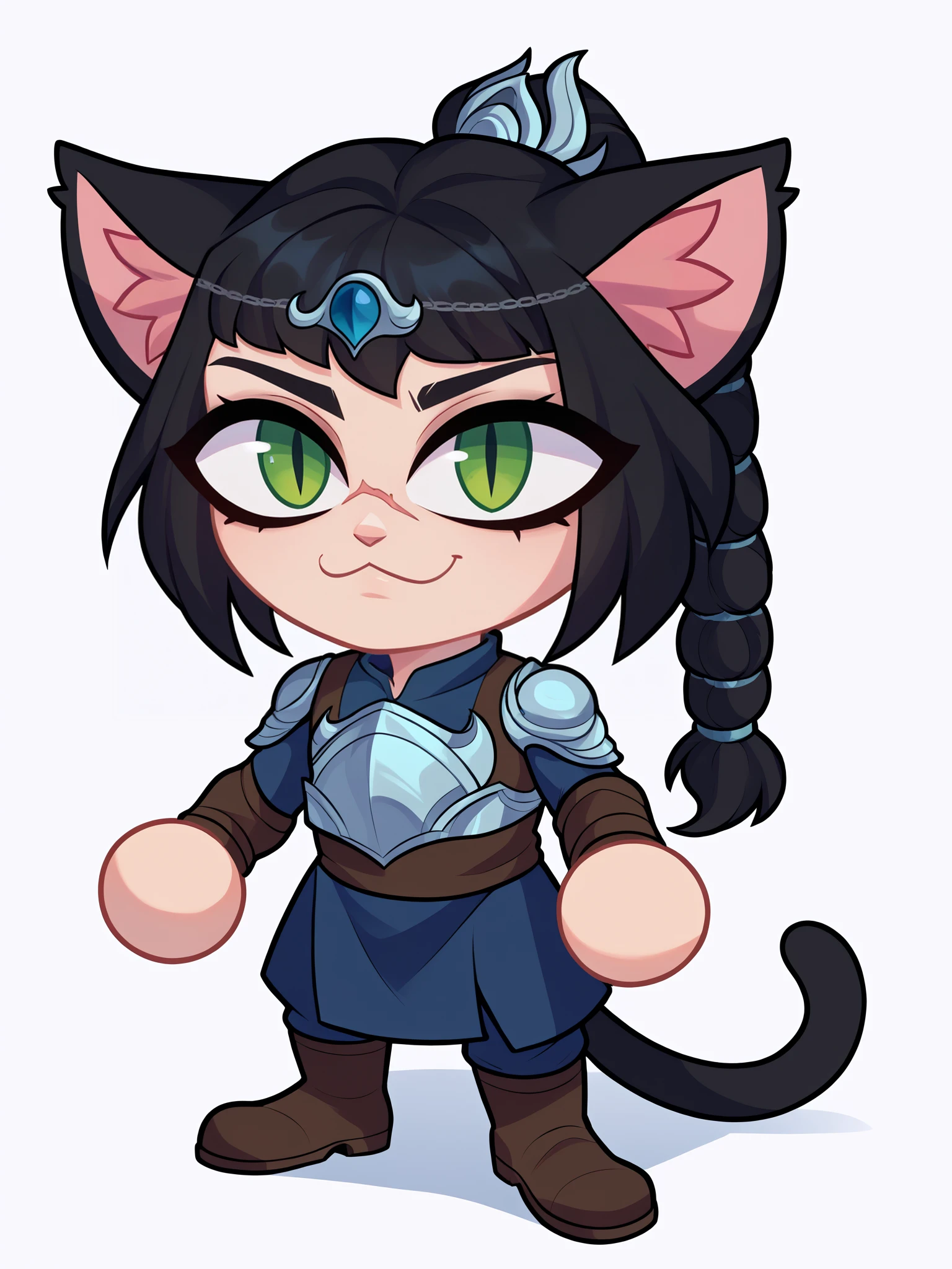 score_9, score_8_up, score_7_up, BREAK, 1girl, necoarc, cat ears,
shadowheart, black hair, circlet, long hair, braided ponytail, green eyes, scar on face, armor, boots,
chibi, slit pupils, solo, full body, white background <lora:necoarc-guy-PONY-v1:1> <lora:ShadowHeartXL:1>